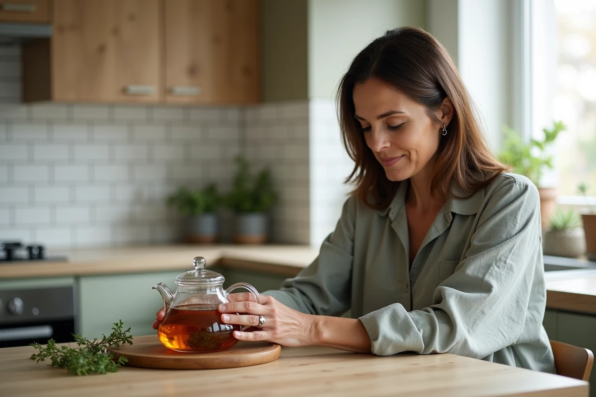 Femme d'âge moyen tenant une théière en verre contenant une infusion de thym dans une cuisine scandinave moderne, expression apaisée