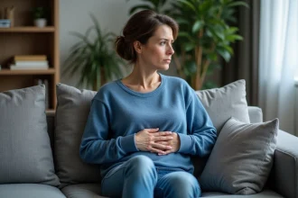 Femme inquiète en salon avec main sur le ventre