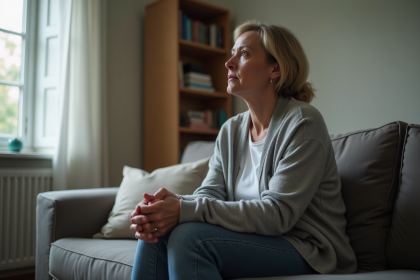 Femme d'âge moyen en réflexion dans un salon sobre