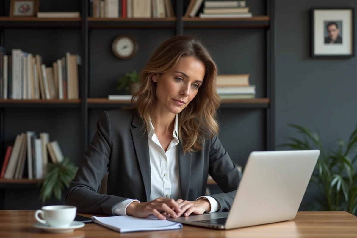 Femme journaliste travaillant sur un ordinateur dans un bureau moderne