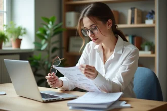 Femme en blanc et jeans examine une ordonnance lunettes à son bureau