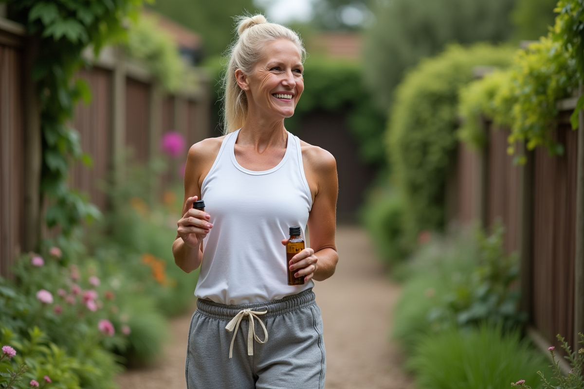 Femme marchant dans le jardin avec une bouteille d