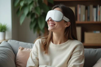 Femme détendue avec masque migraine dans un salon cosy