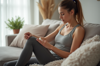 Femme assise se massant la cuisse avec lotion dans un salon lumineux