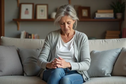Femme d'âge moyen se massant le genou dans son salon