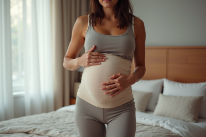 Femme en maternité ajustant un bandeau postpartum dans une chambre chaleureuse