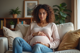 Femme enceinte assise sur un canapé dans un salon chaleureux