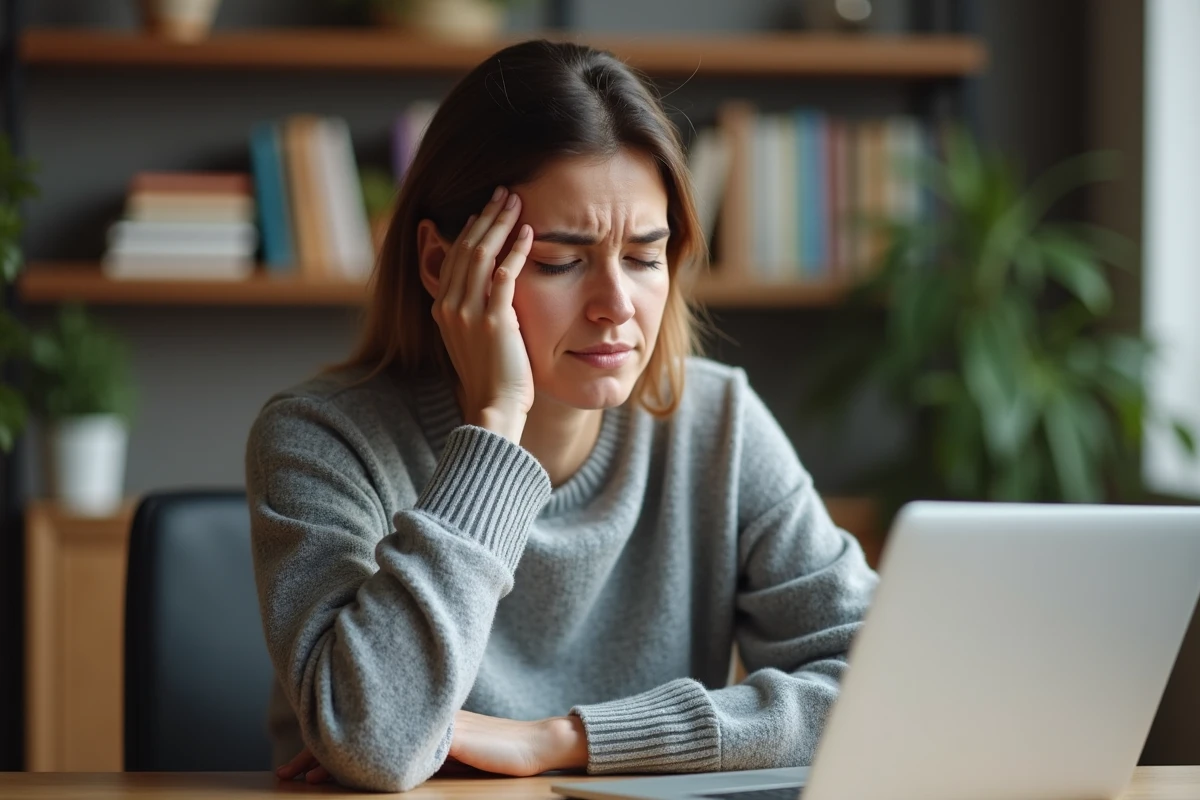 Femme souffrant de maux de tête et de stress au bureau, la main posée sur la tempe, expression de fatigue mentale