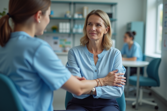 Femme calme en consultation médicale dans un cabinet moderne