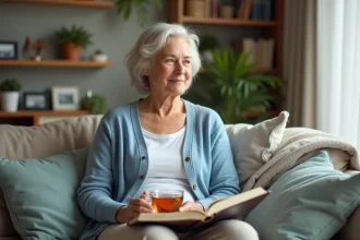 Femme méditant avec thé et journal dans un salon chaleureux