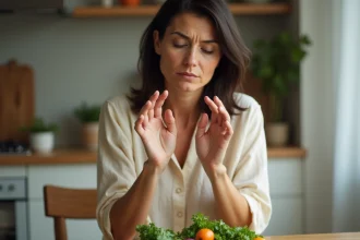 Femme examinant ses ongles avec des taches blanches près d'un bol de légumes frais sur une table en bois