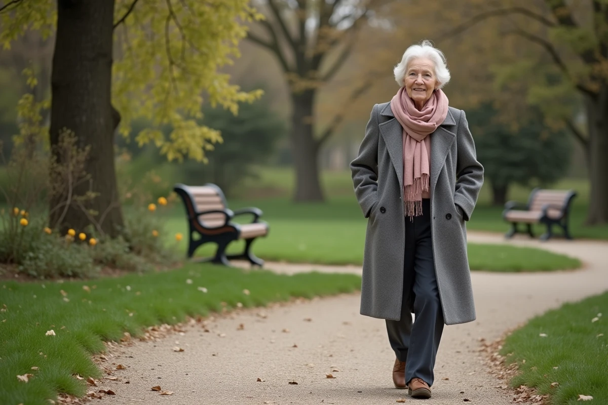 Femme âgée se promenant dans un parc en printemps