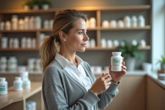 Femme examinant une bouteille d omega 369 en pharmacie