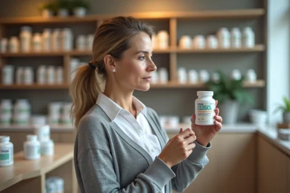 Femme examinant une bouteille d omega 369 en pharmacie