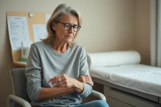 Femme d'âge mûr en consultation médicale se grattant l'avant-bras, illustrant le prurit comme symptôme précurseur du cancer