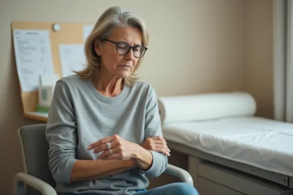 Femme d'âge mûr en consultation médicale se grattant l'avant-bras, illustrant le prurit comme symptôme précurseur du cancer