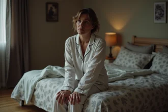 Femme en pyjamas coton assise sur son lit la nuit