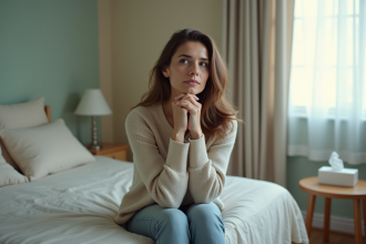 Femme assise pensivement dans une chambre douce et calme