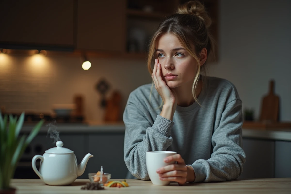 Femme se reposant avec tisane dans la cuisine