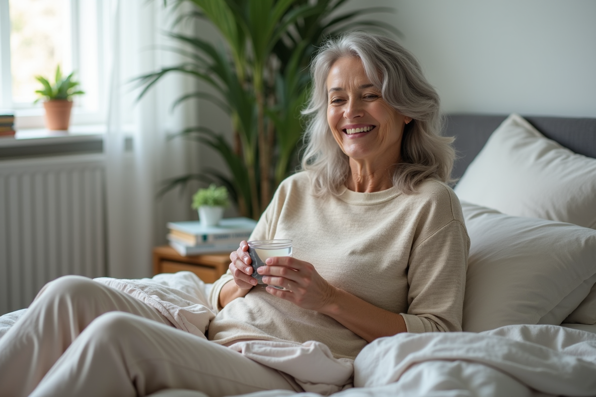 Femme assise au lit avec médicaments et eau dans un cadre paisible