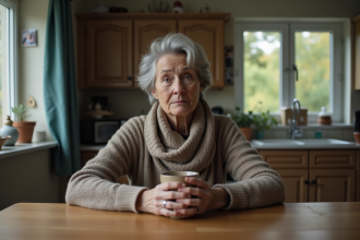 Femme d'âge moyen assise pensivement à la cuisine