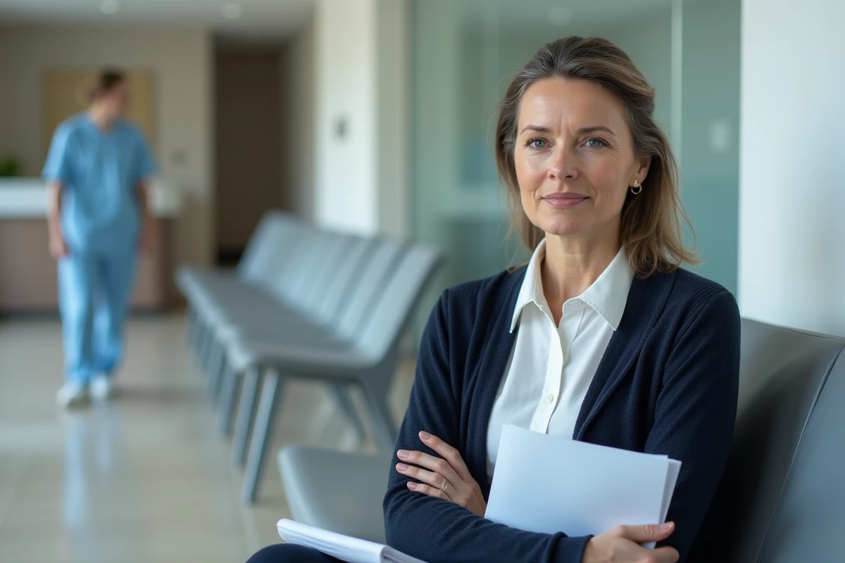 Femme dans la quarantaine attendant seule dans une salle d'attente médicale avec un document gynécologique