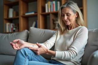 Femme assise sur un canapé examine sa peau marbrée