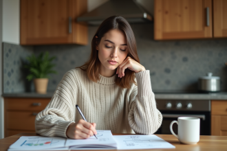 Femme réfléchissant à un journal de santé à la maison