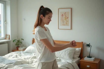 Jeune femme en pyjama se gratte dans sa chambre lumineuse