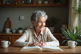Femme âgée souriante assise à la cuisine chaleureuse