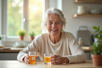 Femme senior souriante prenant vitamine B5 au matin