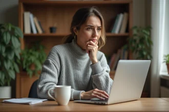 Femme utilisant un simulateur d'espérance de vie en ligne sur un ordinateur portable, expression pensive et légèrement inquiète