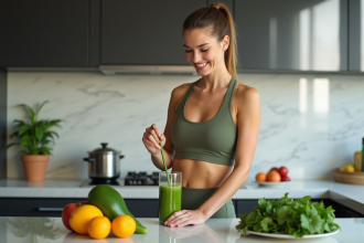 Femme en cuisine préparant un smoothie vert naturel
