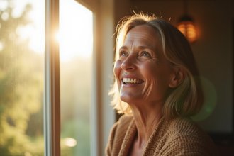 Femme souriante profitant de la lumière naturelle près d'une grande fenêtre