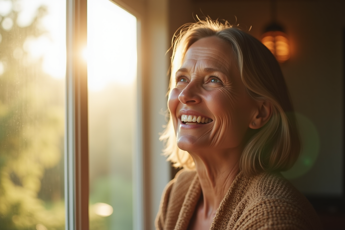 Femme souriante profitant de la lumière naturelle près d'une grande fenêtre