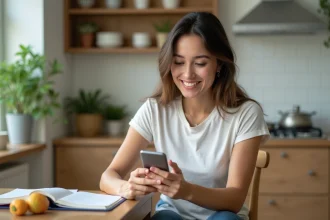 Femme souriante utilisant son smartphone pour suivre ses progrès fitness