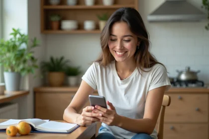 Femme souriante utilisant son smartphone pour suivre ses progrès fitness