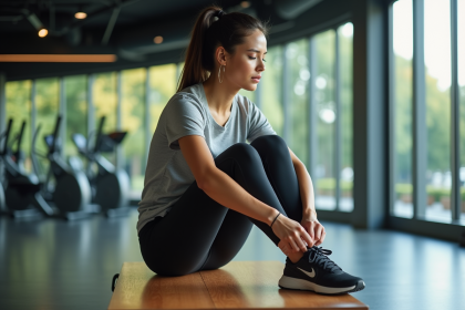 Femme en sport s'apprêtant à courir dans une salle de gym moderne