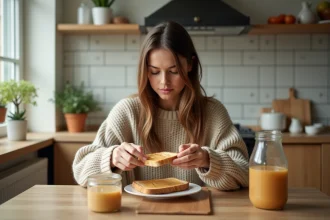 Jeune femme en cuisine tartinant du beurre de cacahuete