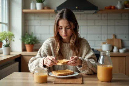 Jeune femme en cuisine tartinant du beurre de cacahuete