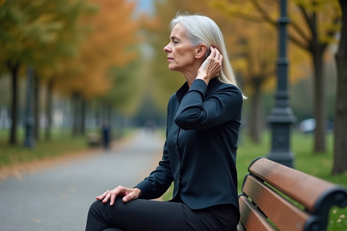 Femme dans un parc urbain en automne massant sa nuque, illustrant la tension et les maux de tête liés au stress