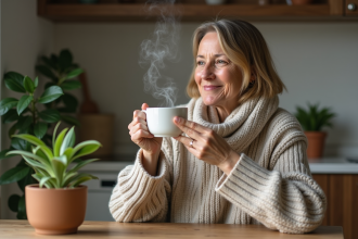 Femme détendue avec tasse de tisane dans la cuisine