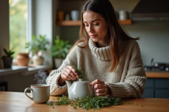 Femme préparant du thym sur un théière dans une cuisine chaleureuse