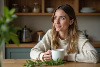 Femme tenant une tasse de tisane à la menthe fraîche dans une cuisine en bois, réfléchissant aux effets hormonaux de la menthe
