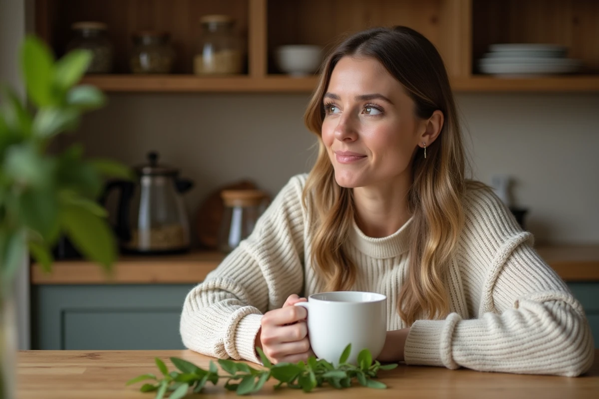 Femme tenant une tasse de tisane à la menthe fraîche dans une cuisine en bois, réfléchissant aux effets hormonaux de la menthe