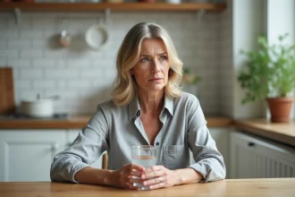 Femme tenant un verre d'eau minérale Saint Antonin dans une cuisine naturelle, l'air songeur face aux effets limités sur la constipation