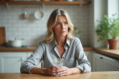 Femme tenant un verre d'eau minérale Saint Antonin dans une cuisine naturelle, l'air songeur face aux effets limités sur la constipation