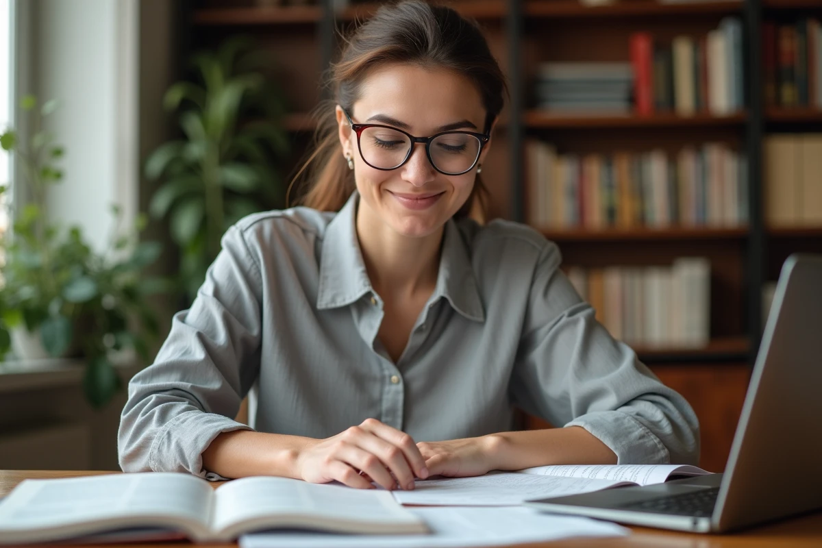 Femme portant des verres ZEISS de qualité premium en train de lire au bureau à domicile