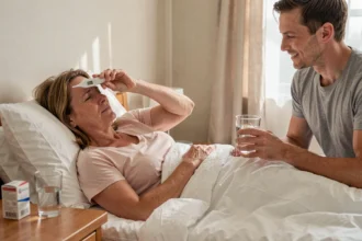 Femme alitée à domicile prenant sa température avec un thermomètre numérique après une opération chirurgicale