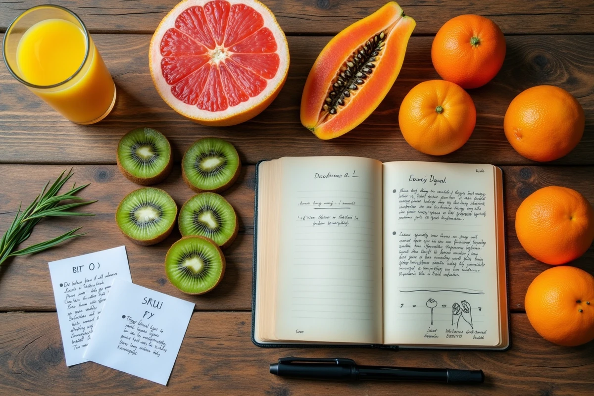 Flat lay de fruits frais riches en vitamine D avec fiches nutritionnelles et notes sur une table en bois